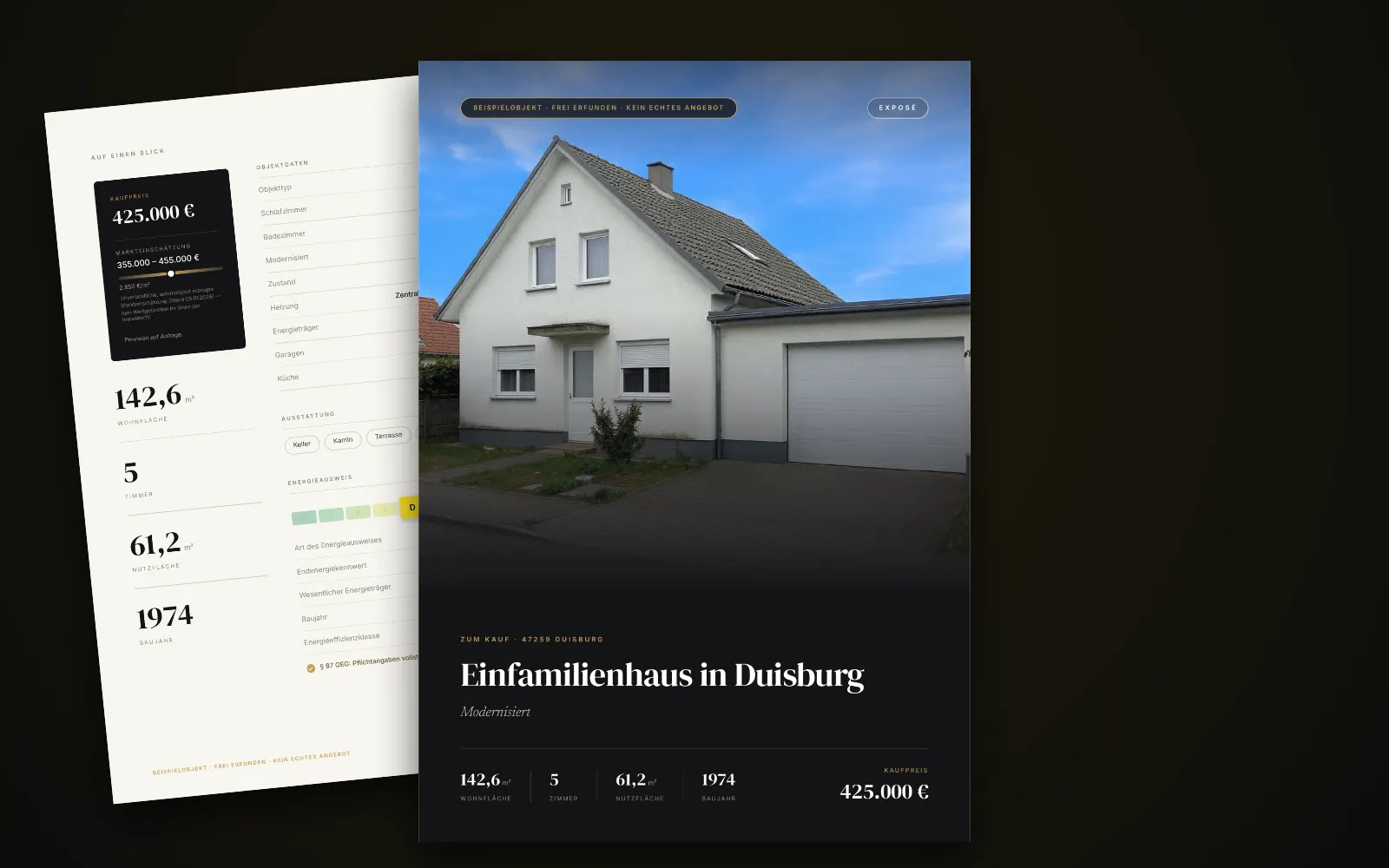 Exposé des Beispielobjekts in Duisburg: Titelseite mit Foto, Titel und Kaufpreis, dahinter zwei weitere Seiten